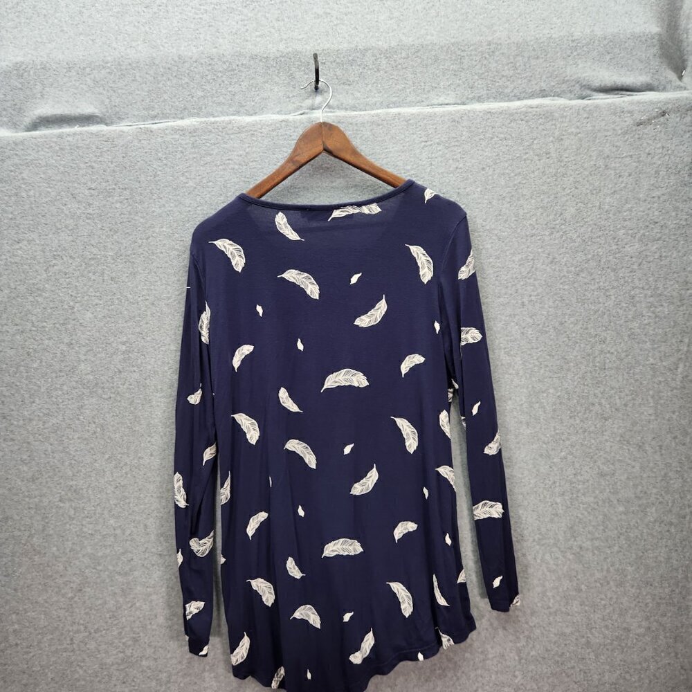 DJT Womens Navy Blue Feather Print Long Sleeve‎ Tunic Top L - Picture 3 of 3